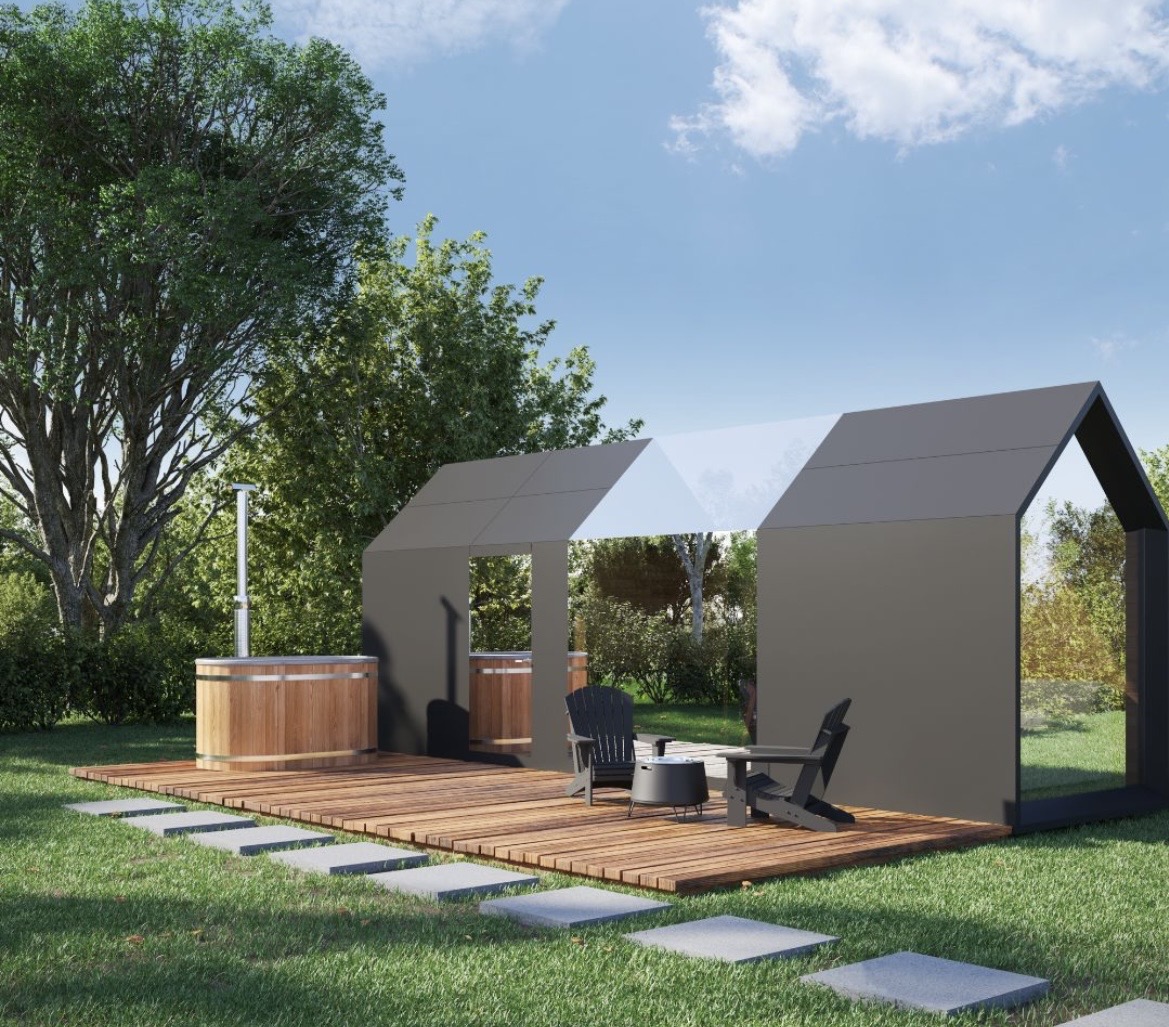 HobbitHut sauna cabin with hot tub deck summer